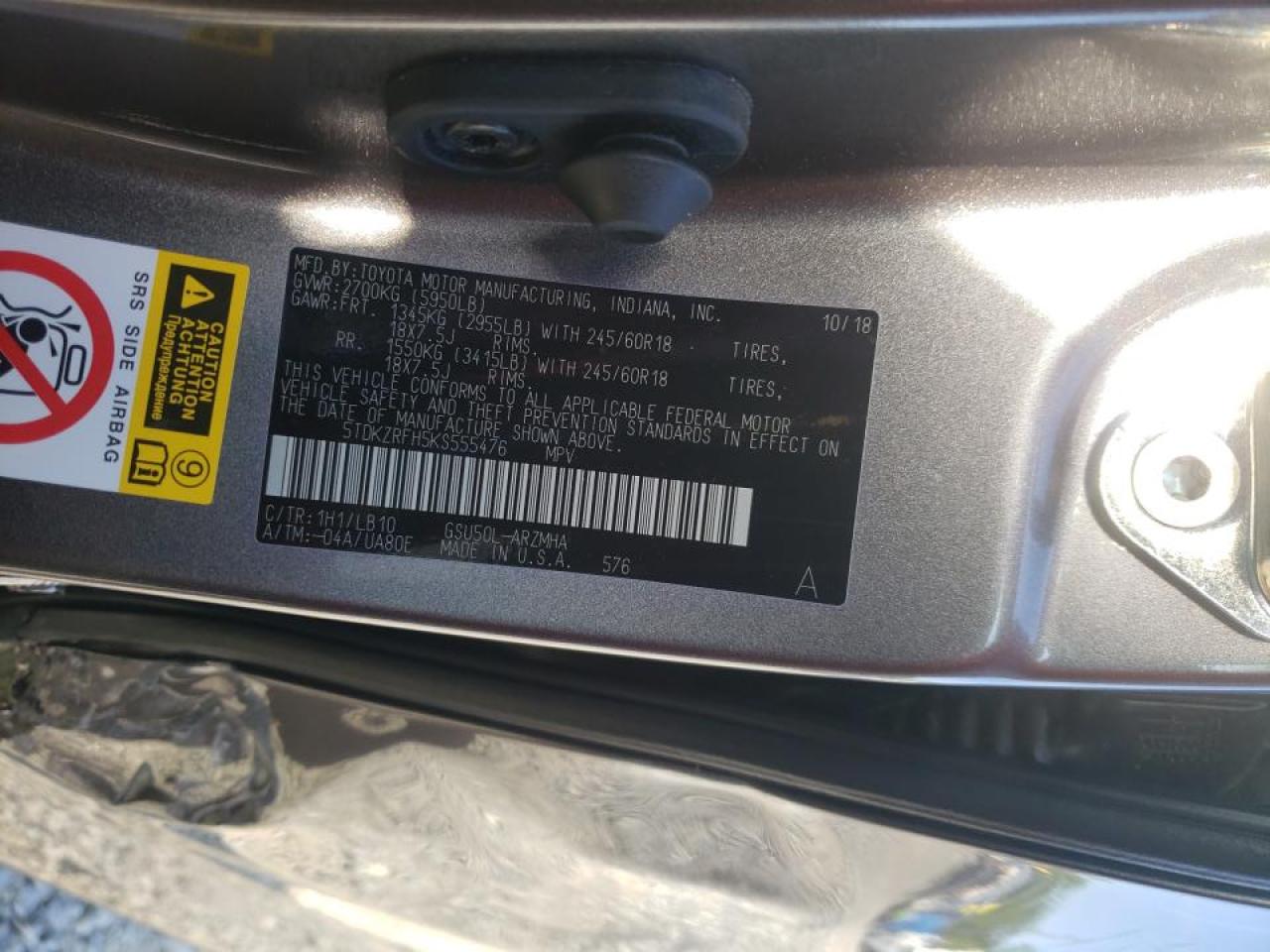 Photo 10 from auction – 2019 TOYOTA HIGHLANDER with VIN 5TDKZRFH5KS555476