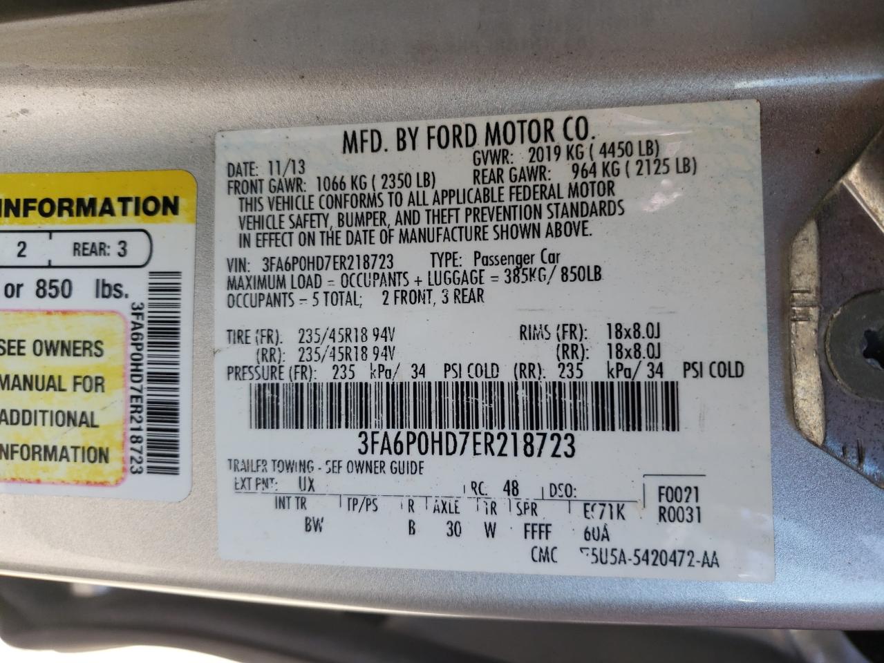Photo 10 from auction – 2014 FORD FUSION SE with VIN 3FA6P0HD7ER218723