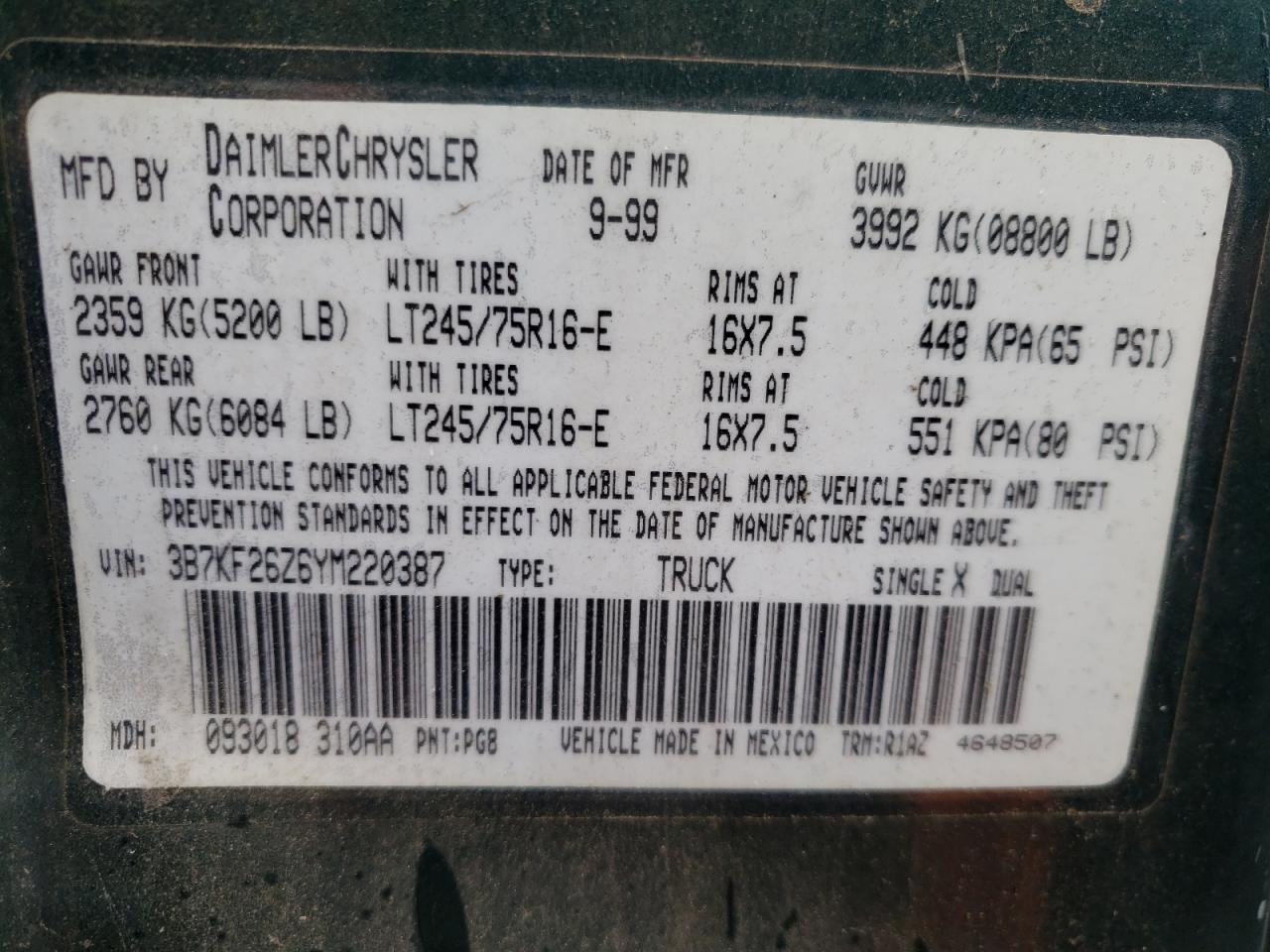 Photo 10 from auction – 2000 DODGE RAM 2500 with VIN 3B7KF26Z6YM220387