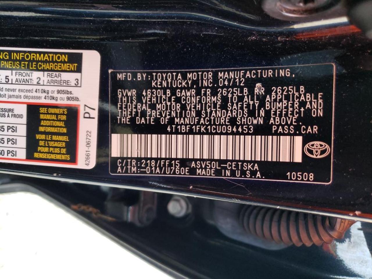 Photo 10 from auction – 2012 TOYOTA CAMRY BASE with VIN 4T1BF1FK1CU094453