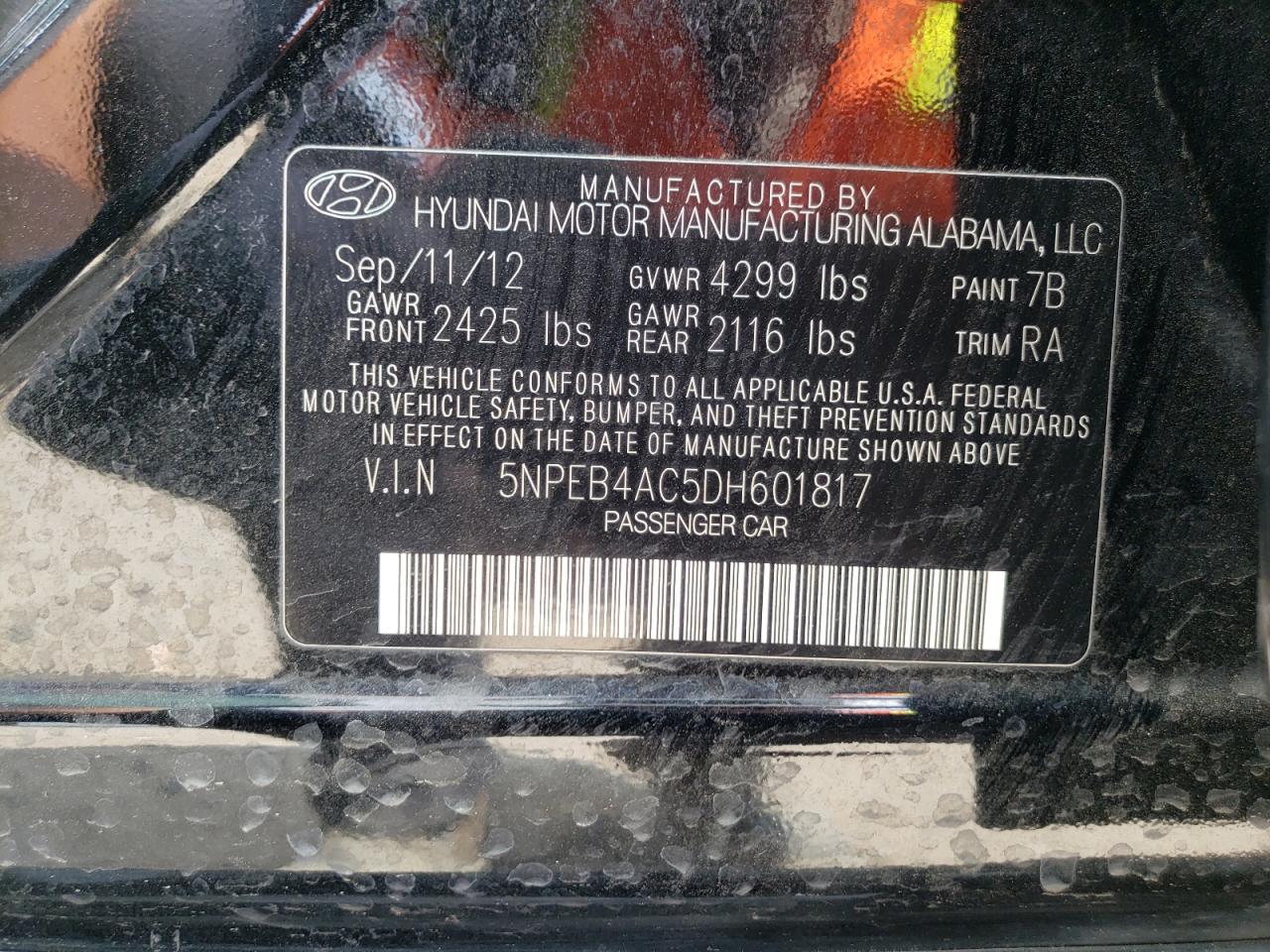 Photo 10 from auction – 2013 HYUNDAI SONATA GLS with VIN 5NPEB4AC5DH601817