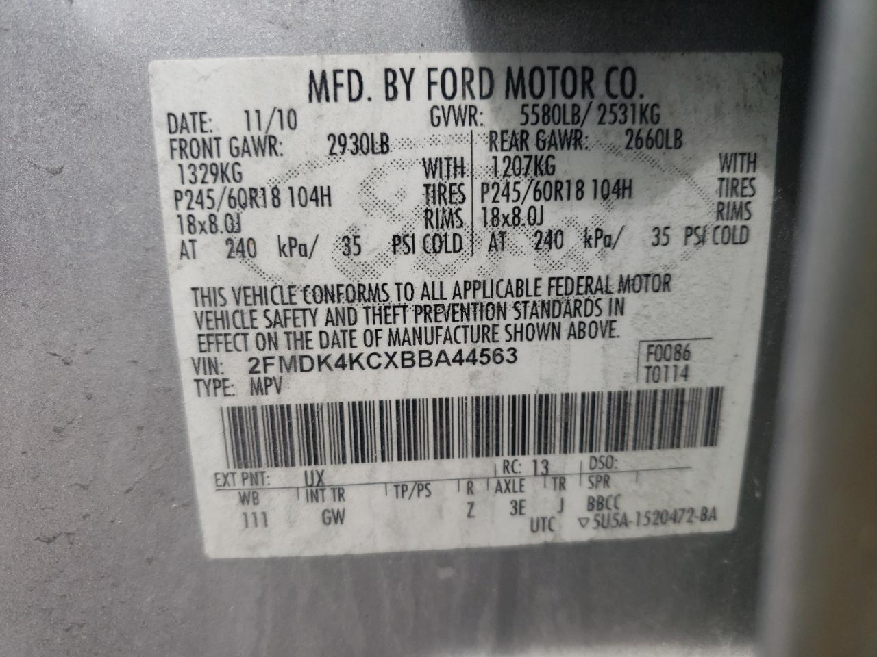 Photo 10 from auction – 2011 FORD EDGE LIMIT with VIN 2FMDK4KCXBBA44563