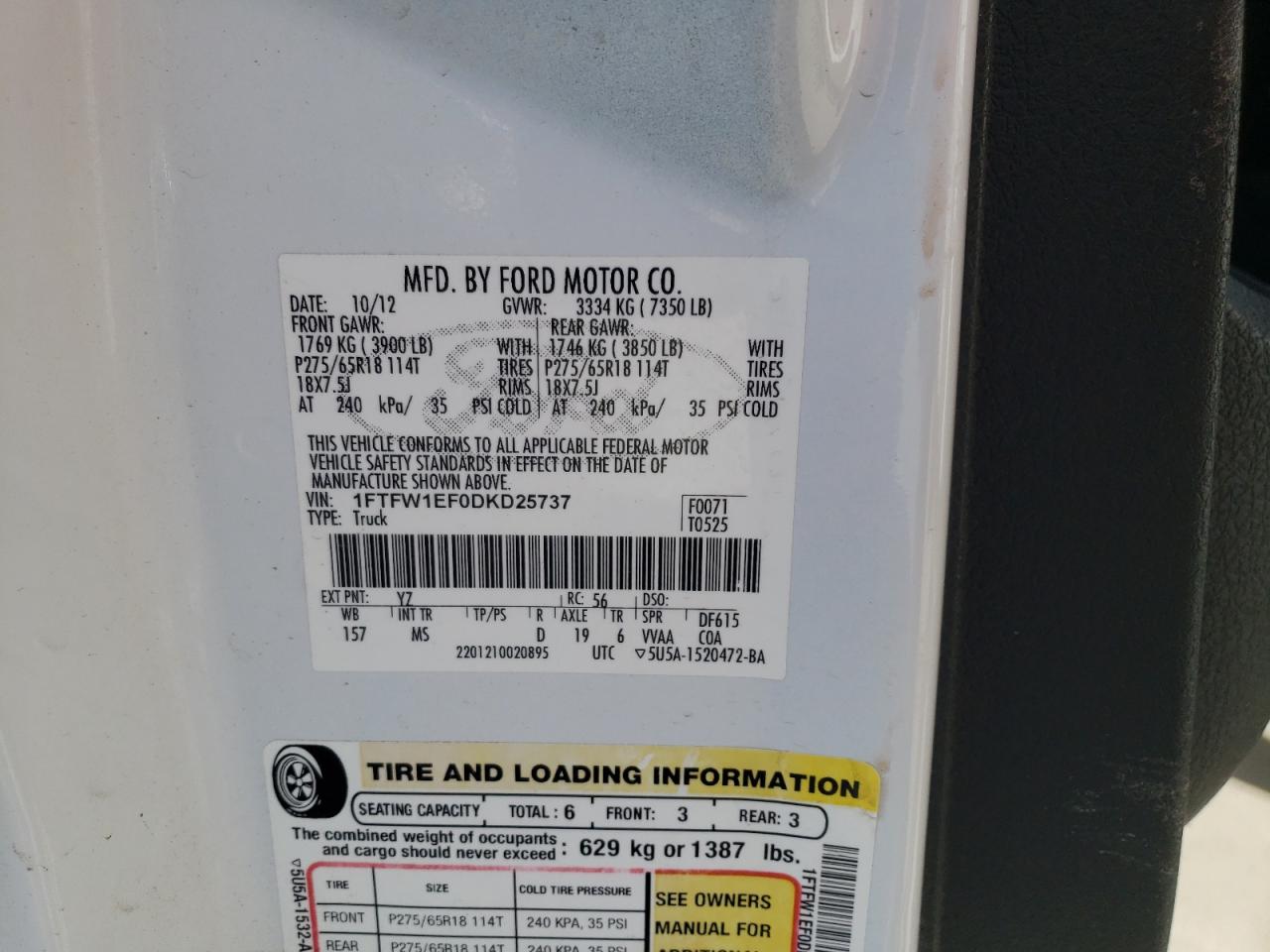 Photo 10 from auction – 2013 FORD F150 SUPER with VIN 1FTFW1EF0DKD25737