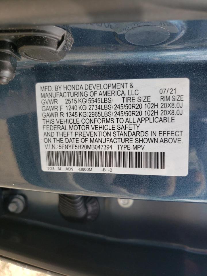 Photo 10 from auction – 2021 HONDA PILOT SE with VIN 5FNYF5H20MB047394