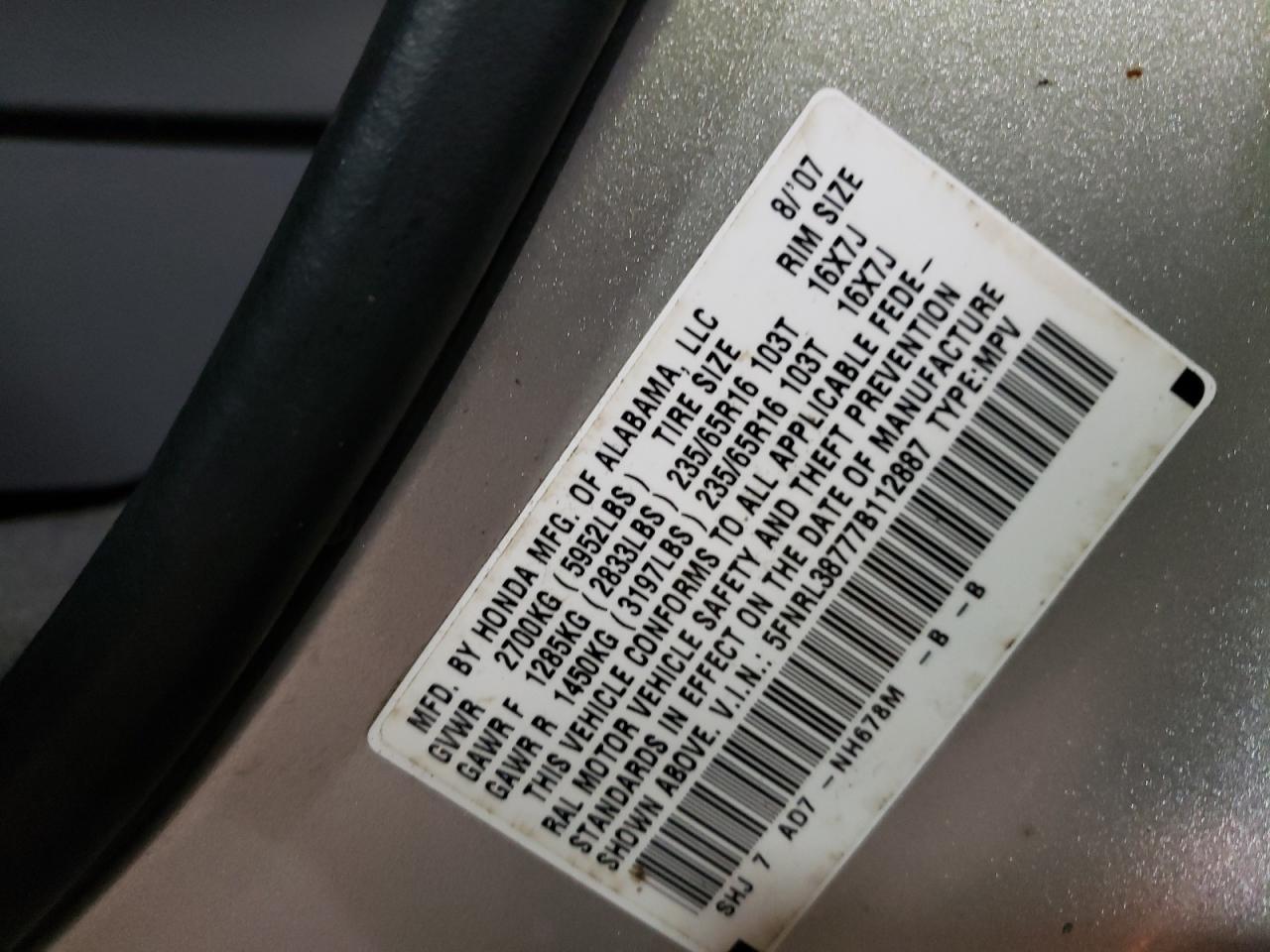 Photo 10 from auction – 2007 HONDA ODYSSEY EX with VIN 5FNRL38777B112887