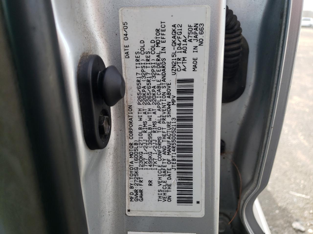 Photo 10 from auction – 2005 TOYOTA 4RUNNER SR with VIN JTEBT14R550052113