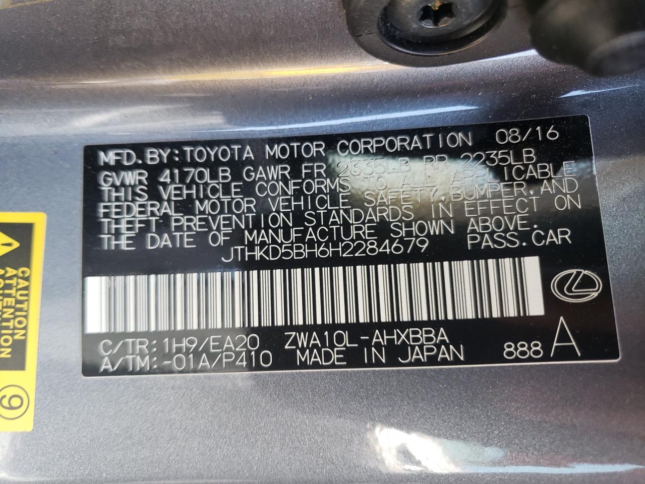 Photo 10 from auction – 2017 LEXUS CT 200 with VIN JTHKD5BH6H2284679