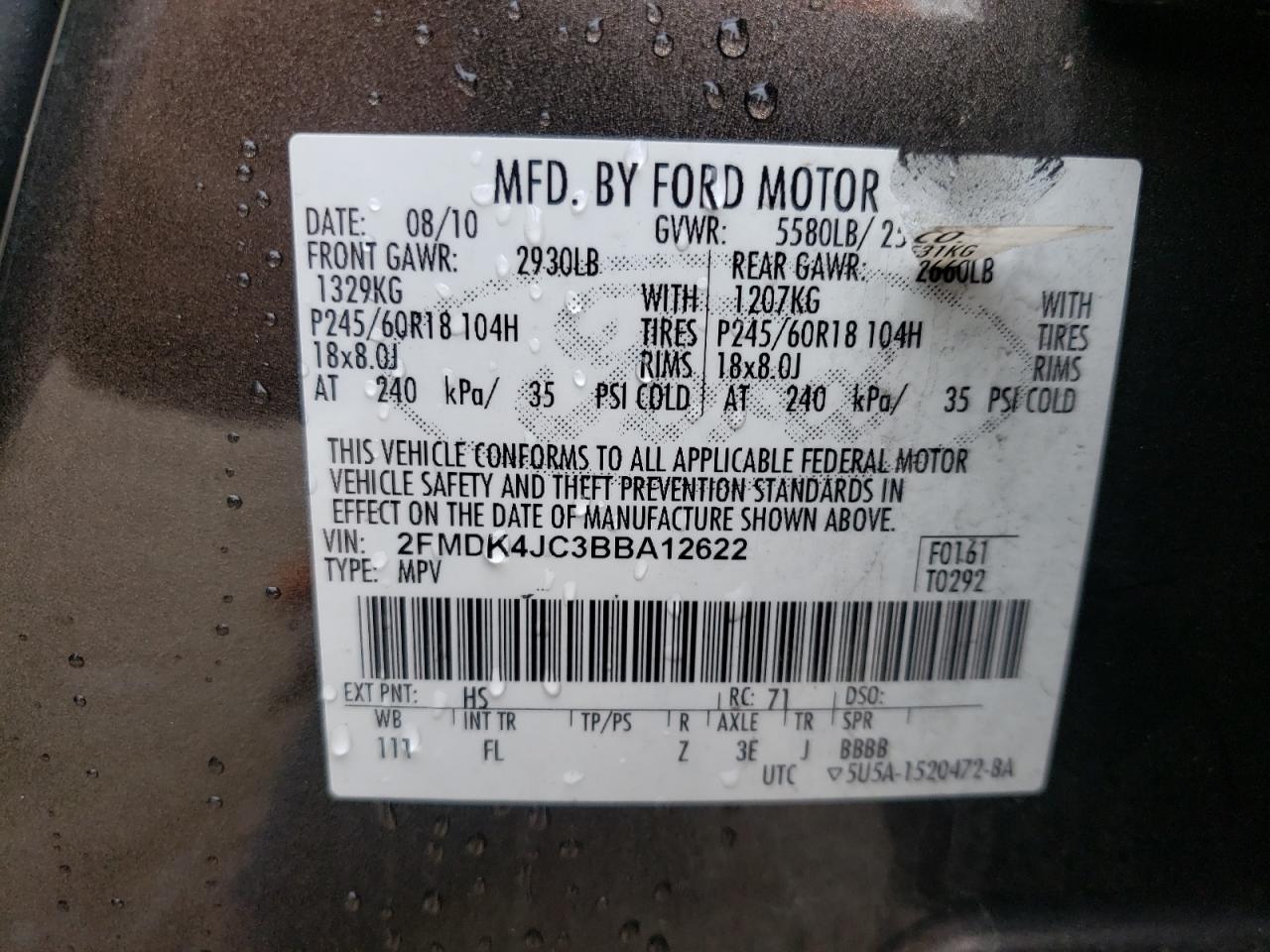 Photo 10 from auction – 2011 FORD EDGE with VIN 2FMDK4JC3BBA12622