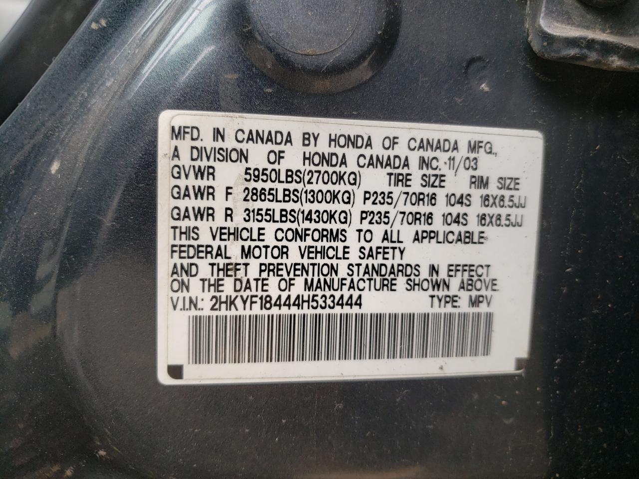 Photo 10 from auction – 2004 HONDA PILOT EX with VIN 2HKYF18444H533444