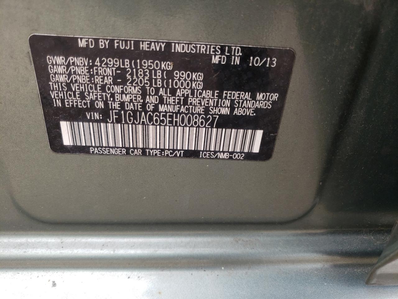 Photo 10 from auction – 2014 SUBARU IMPREZA PR with VIN JF1GJAC65EH008627