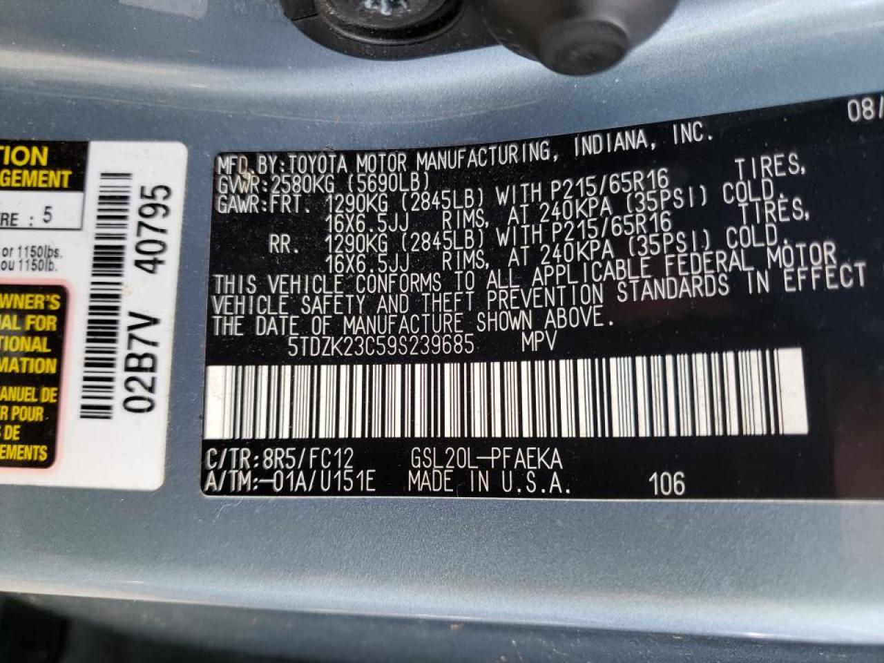Photo 10 from auction – 2009 TOYOTA SIENNA CE with VIN 5TDZK23C59S239685