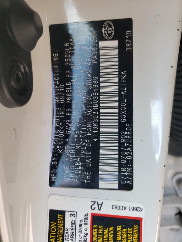 Photo 10 from auction – 2011 TOYOTA AVALON BAS with VIN 4T1BK3DB1BU394986