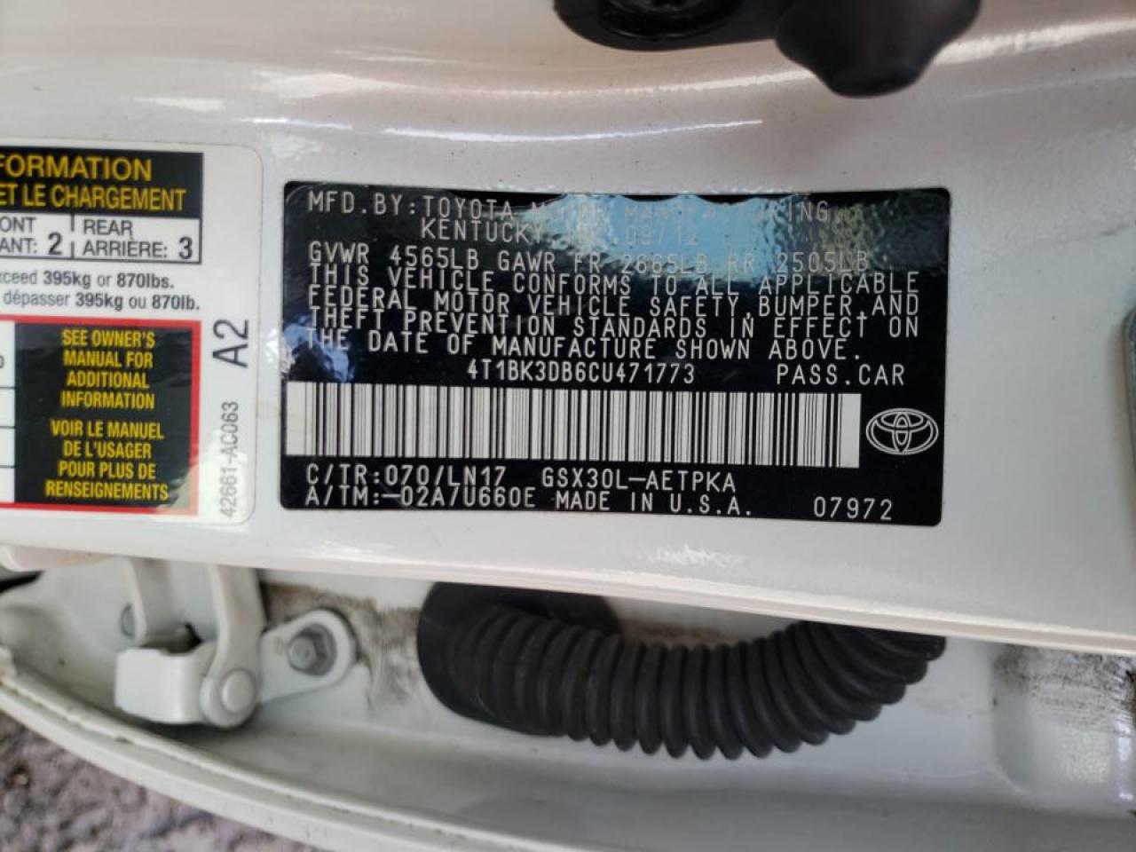Photo 10 from auction – 2012 TOYOTA AVALON BAS with VIN 4T1BK3DB6CU471773