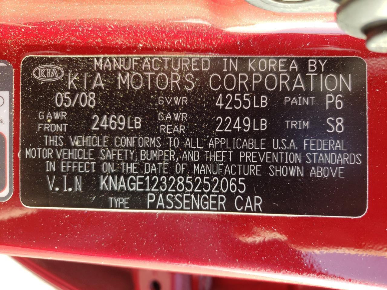 Photo 10 from auction – 2008 KIA OPTIMA LX with VIN KNAGE123285252065