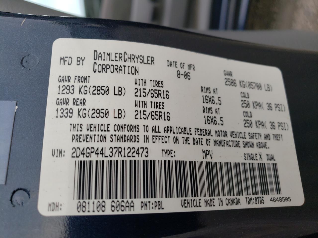 Photo 10 from auction – 2007 DODGE GRAND CARA with VIN 2D4GP44L37R122473