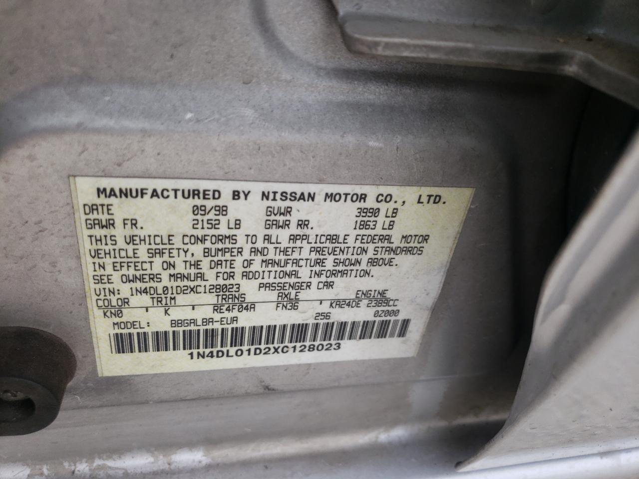 Photo 10 from auction – 1999 NISSAN ALTIMA XE with VIN 1N4DL01D2XC128023