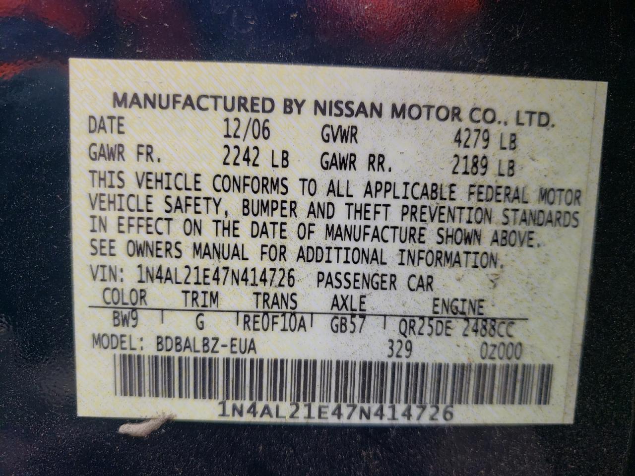 Photo 10 from auction – 2007 NISSAN ALTIMA 2.5 with VIN 1N4AL21E47N414726