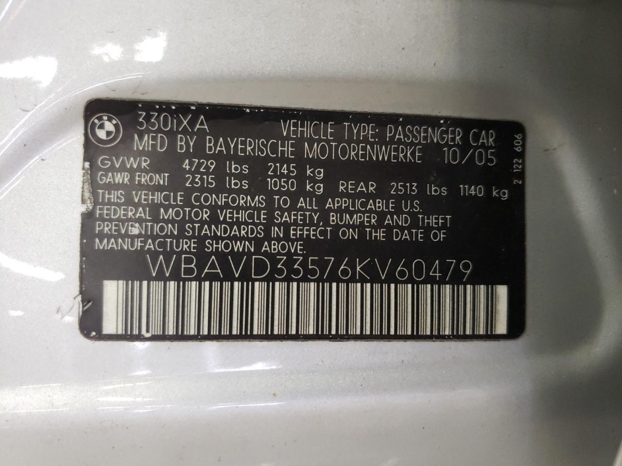 Photo 10 from auction – 2006 BMW 330 XI with VIN WBAVD33576KV60479