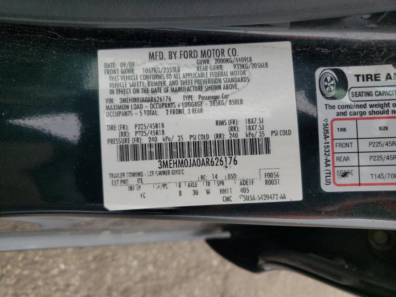 Photo 10 from auction – 2010 MERCURY MILAN PREM with VIN 3MEHM0JA0AR626176