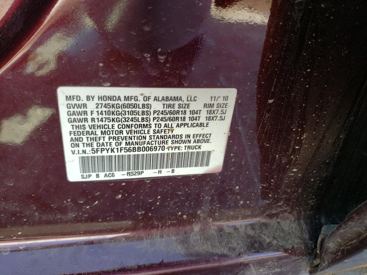 Photo 10 from auction – 2011 HONDA RIDGELINE with VIN 5FPYK1F56BB006970