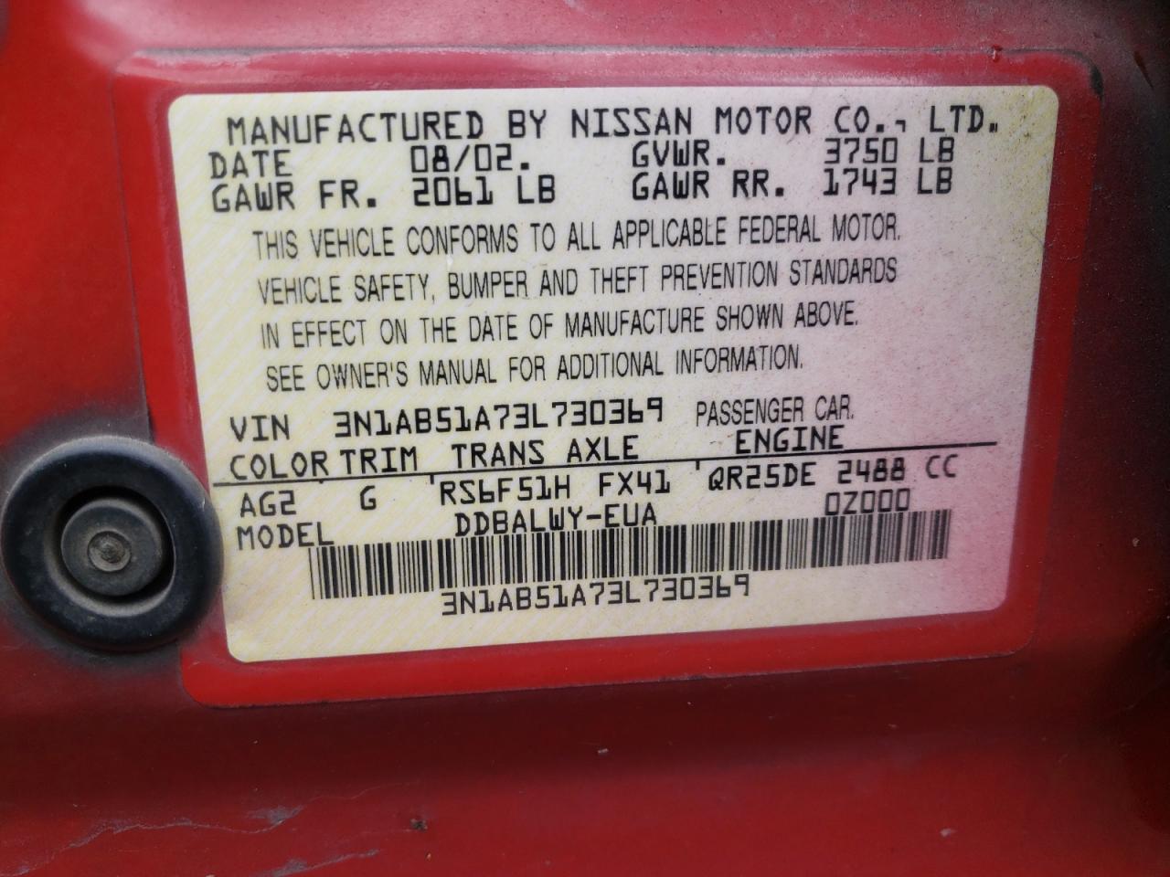 Photo 10 from auction – 2003 NISSAN SENTRA SE- with VIN 3N1AB51A73L730369