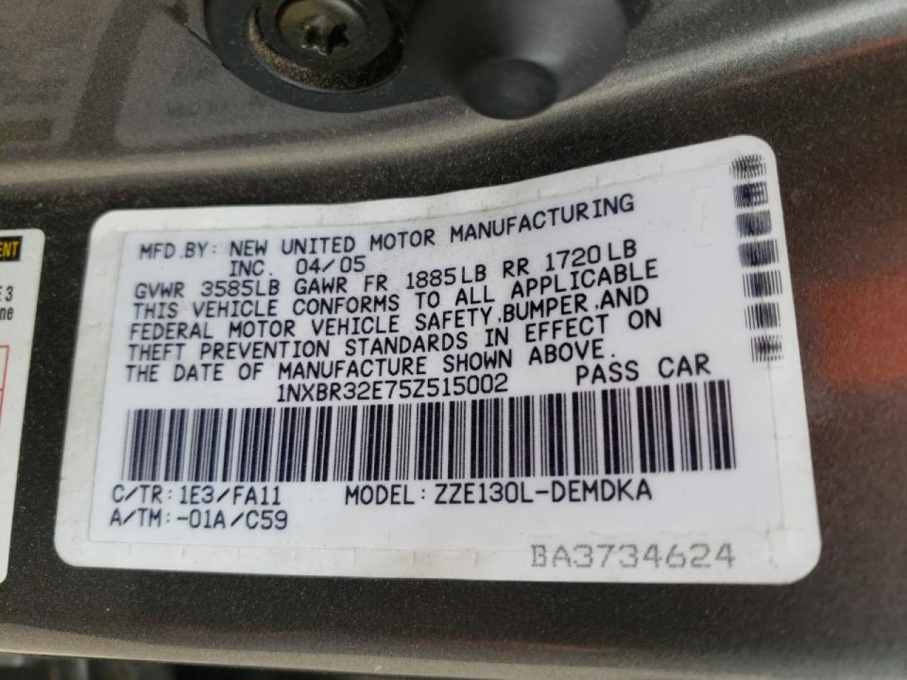 Photo 10 from auction – 2005 TOYOTA COROLLA CE with VIN 1NXBR32E75Z515002