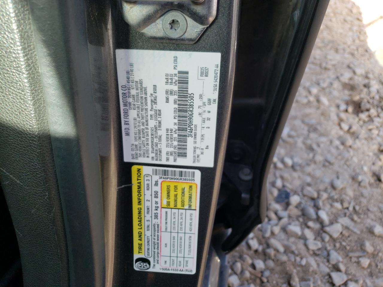 Photo 10 from auction – 2016 FORD FUSION SE with VIN 3FA6P0H90GR385505