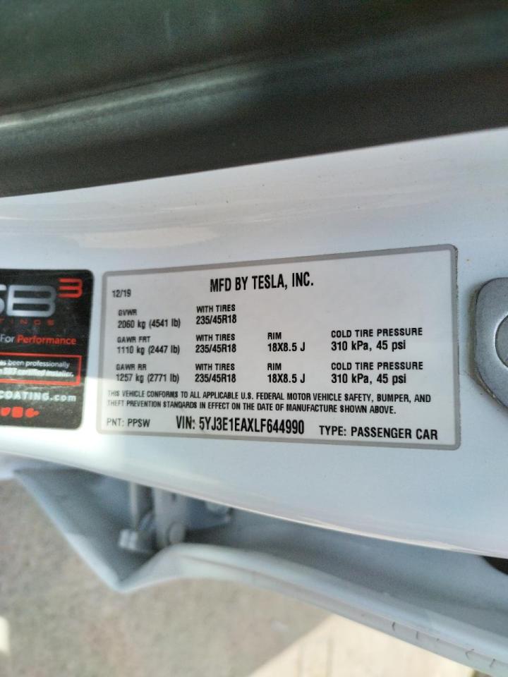 Photo 10 from auction – 2020 TESLA MODEL 3 with VIN 5YJ3E1EAXLF644990