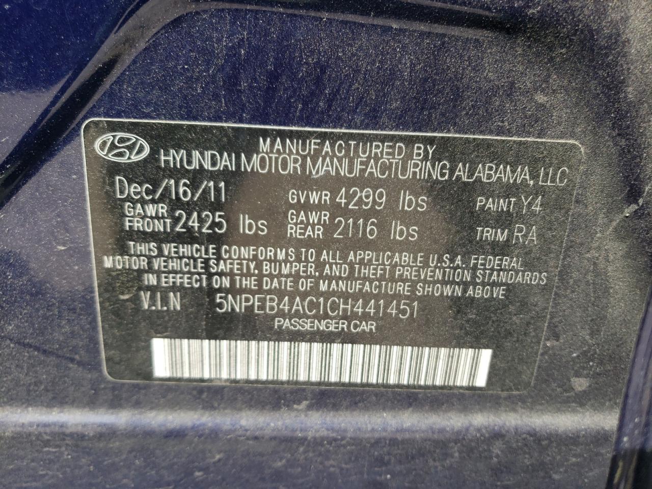 Photo 10 from auction – 2012 HYUNDAI SONATA GLS with VIN 5NPEB4AC1CH441451