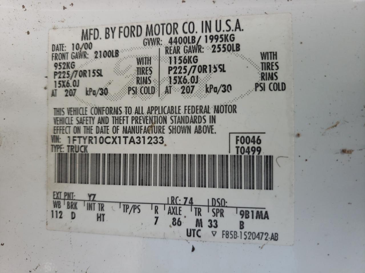 Zdjęcie 10 z aukcji – 2001 FORD RANGER z VIN 1FTYR10CX1TA31233