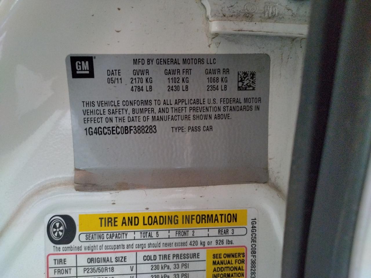 Photo 10 from auction – 2011 BUICK LACROSSE C with VIN 1G4GC5EC0BF388283