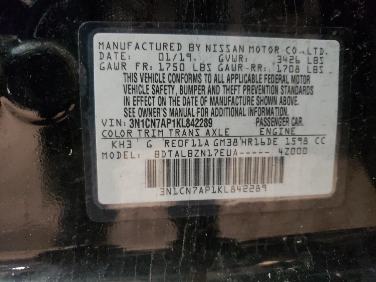 Photo 10 from auction – 2019 NISSAN VERSA S with VIN 3N1CN7AP1KL842289