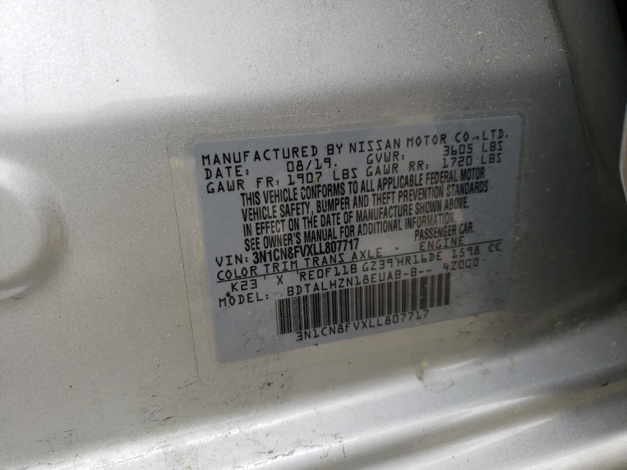 Photo 10 from auction – 2020 NISSAN VERSA SR with VIN 3N1CN8FVXLL807717