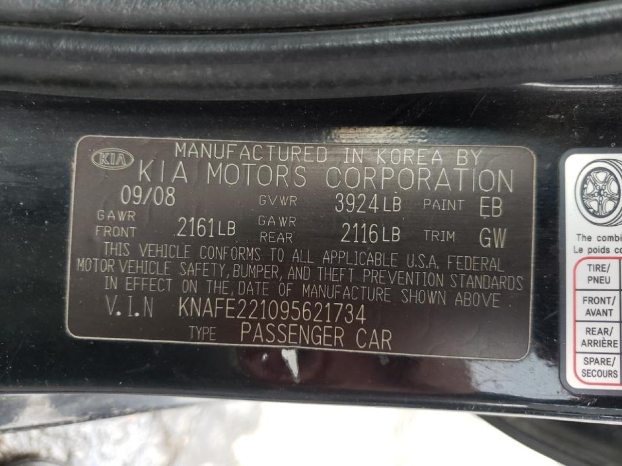 Photo 10 from auction – 2009 KIA SPECTRA EX with VIN KNAFE221095621734