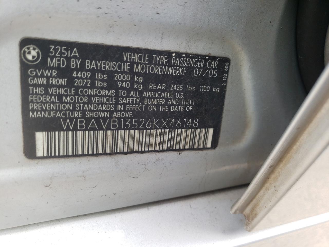 Photo 10 from auction – 2006 BMW 325 I with VIN WBAVB13526KX46148