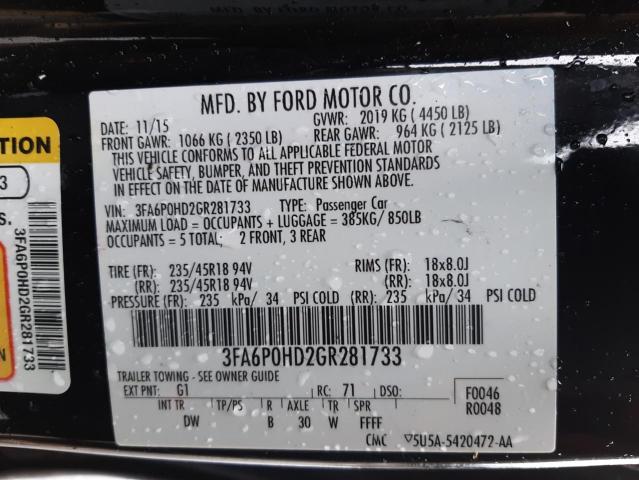 Photo 10 from auction – 2016 FORD FUSION SE with VIN 3FA6P0HD2GR281733