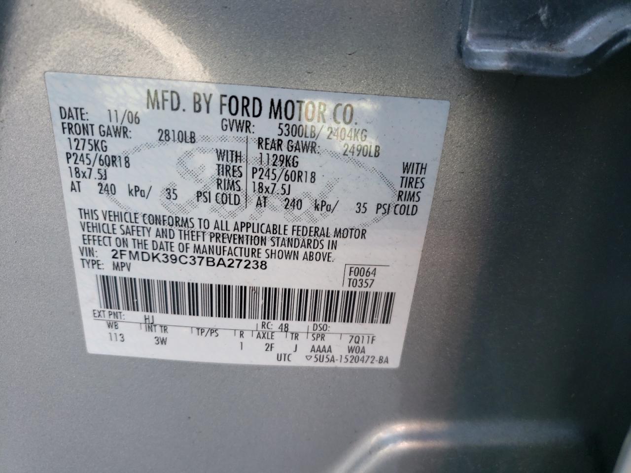 Photo 10 from auction – 2007 FORD EDGE SEL P with VIN 2FMDK39C37BA27238
