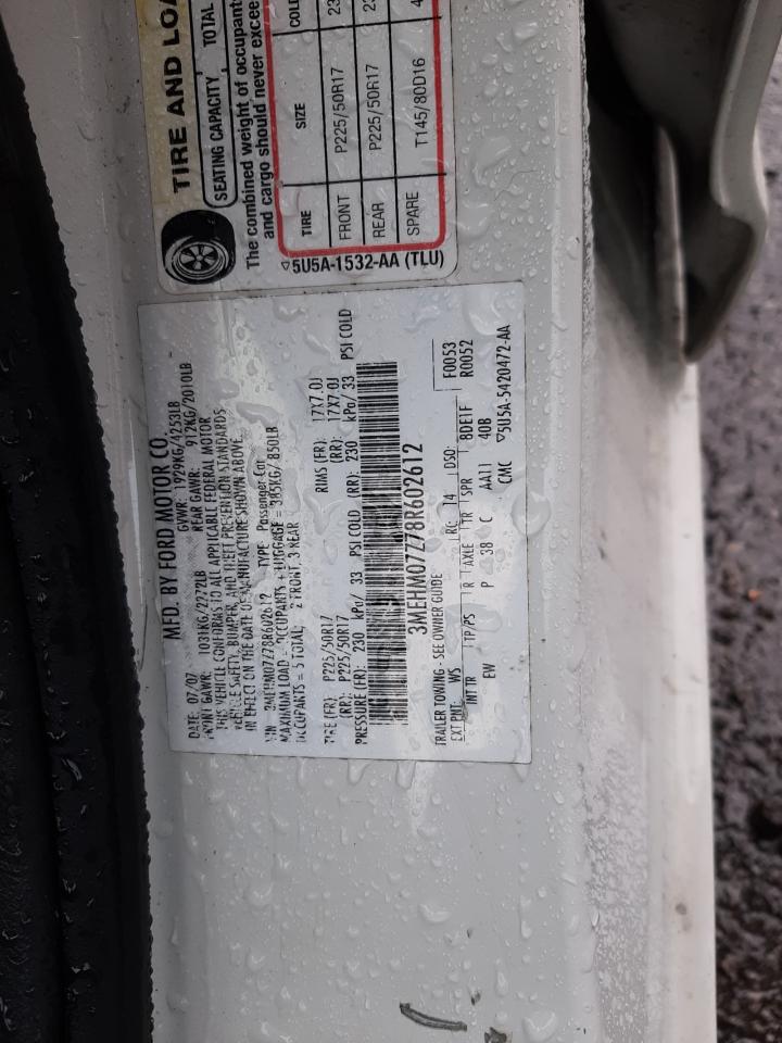 Photo 10 from auction – 2008 MERCURY MILAN with VIN 3MEHM07Z78R602612