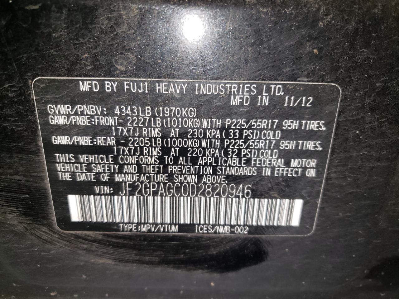 Photo 10 from auction – 2013 SUBARU XV CROSSTR with VIN JF2GPAGC0D2820946