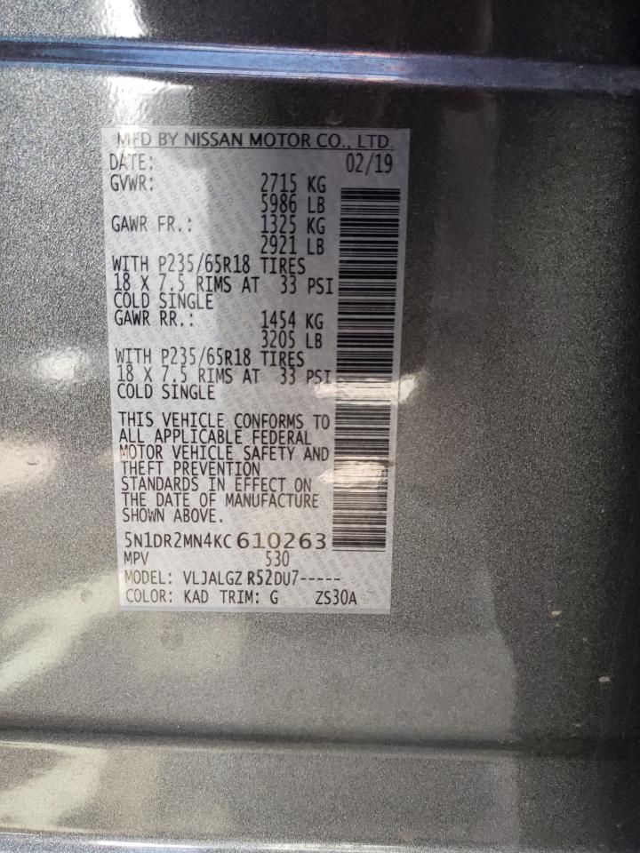 Photo 10 from auction – 2019 NISSAN PATHFINDER with VIN 5N1DR2MN4KC610263