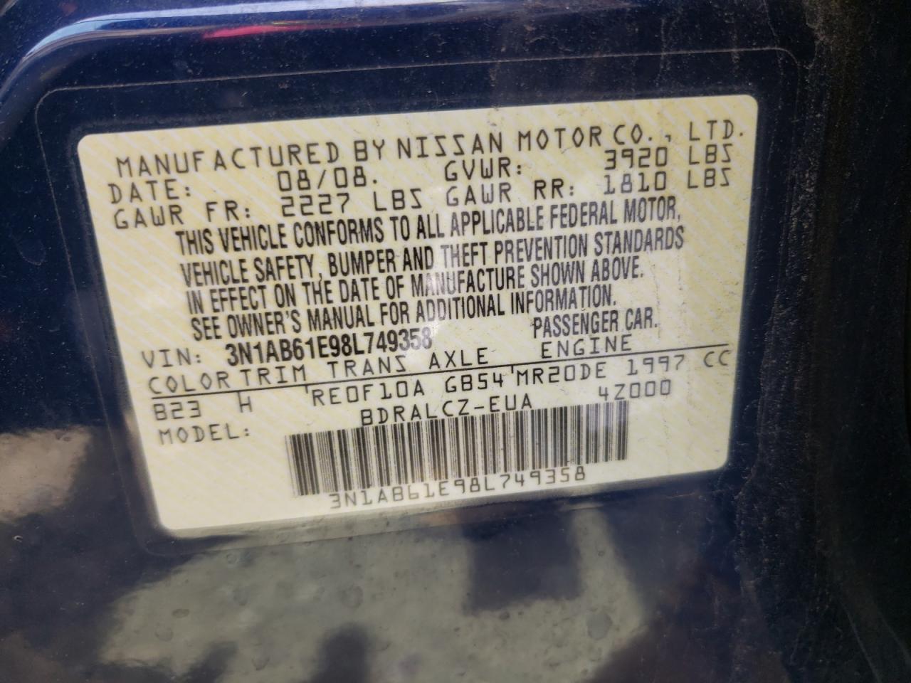 Photo 10 from auction – 2008 NISSAN SENTRA 2.0 with VIN 3N1AB61E98L749358