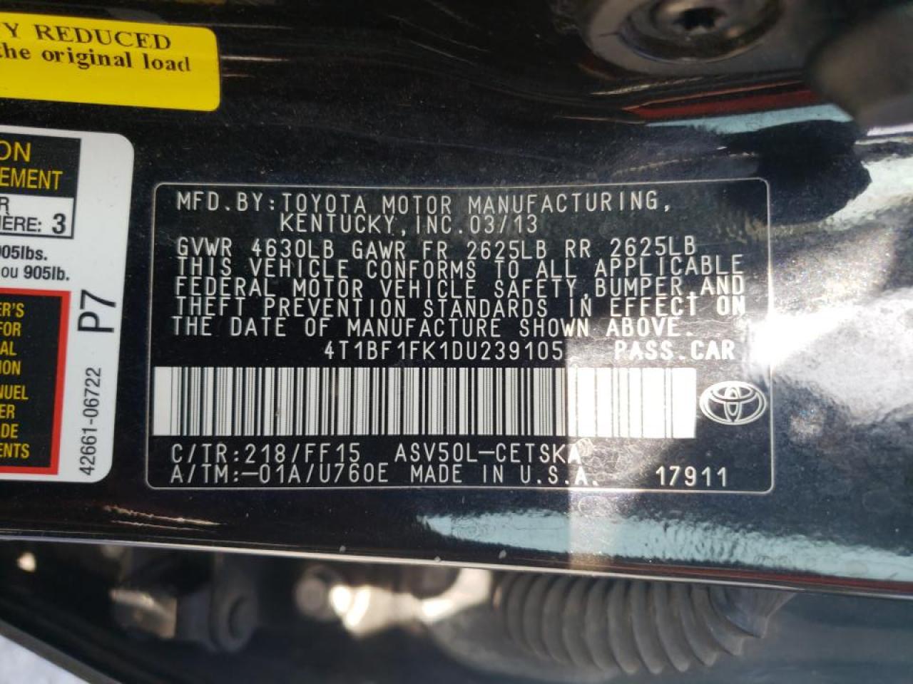 Photo 20 from auction – 2013 TOYOTA CAMRY L with VIN 4T1BF1FK1DU239105