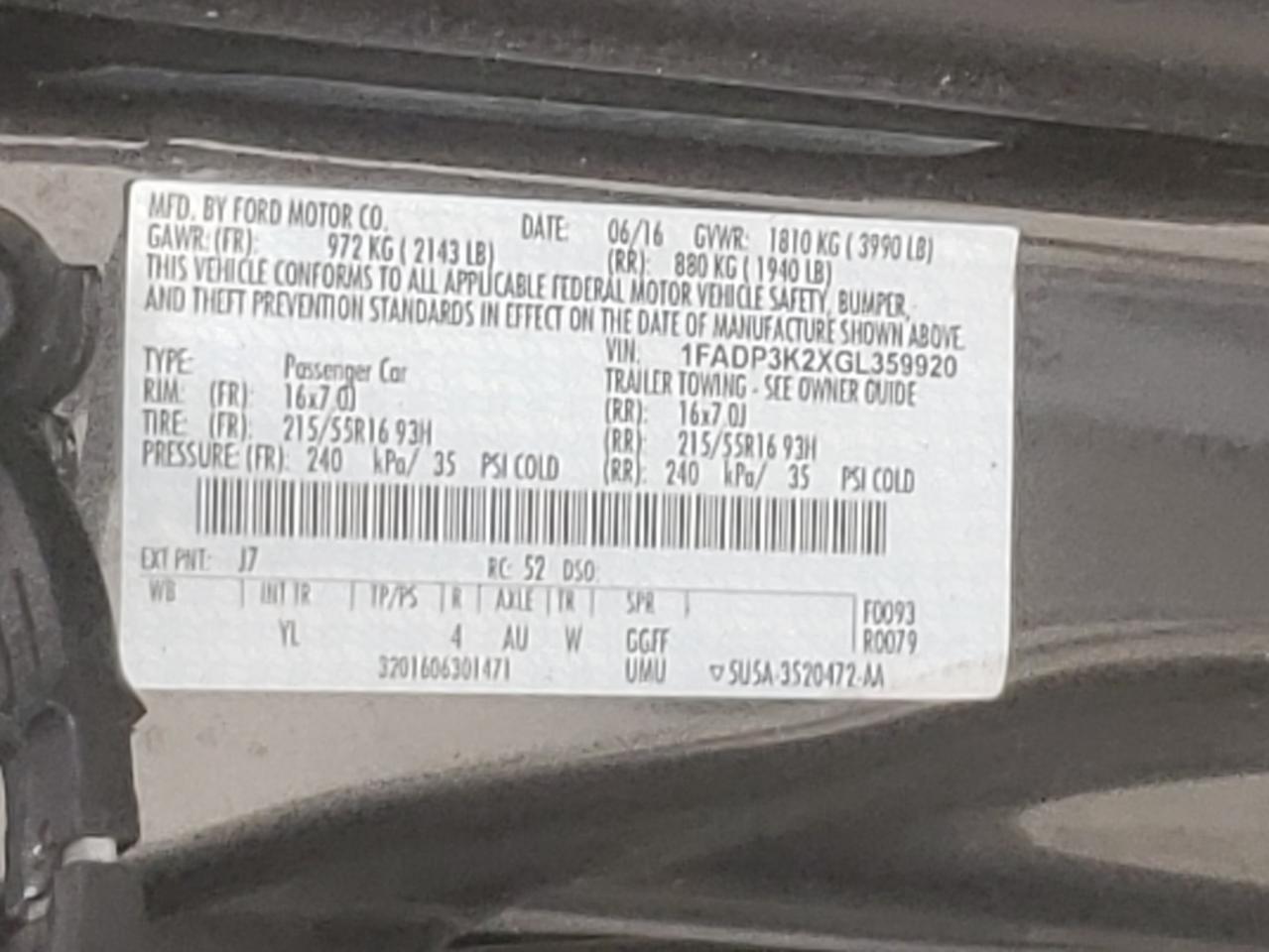 Photo 10 from auction – 2016 FORD FOCUS SE with VIN 1FADP3K2XGL359920