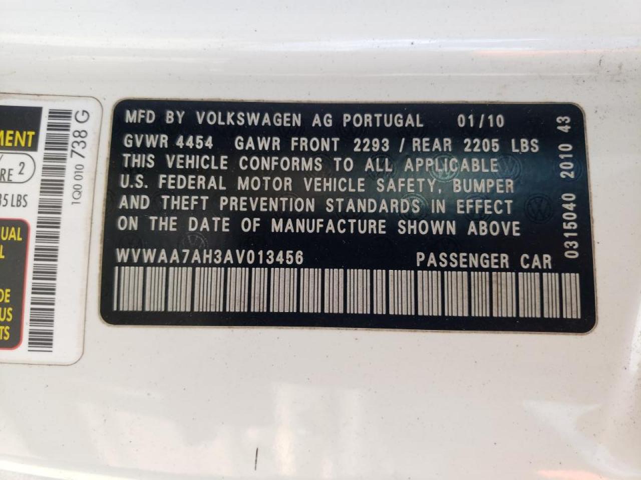 Photo 10 from auction – 2010 VOLKSWAGEN 2S with VIN WVWAA7AH3AV013456