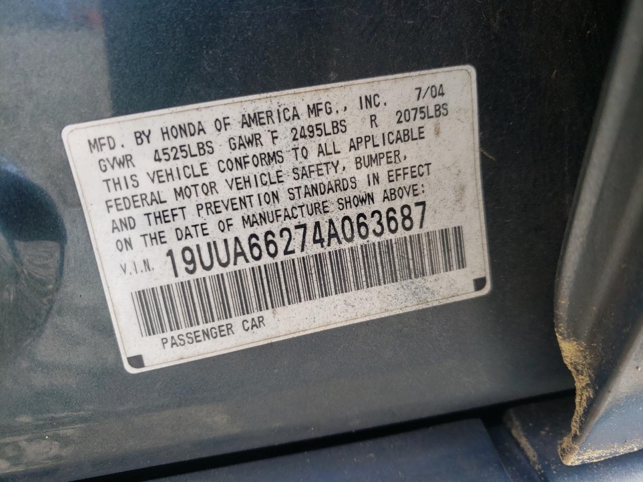 Photo 10 from auction – 2004 ACURA TL with VIN 19UUA66274A063687
