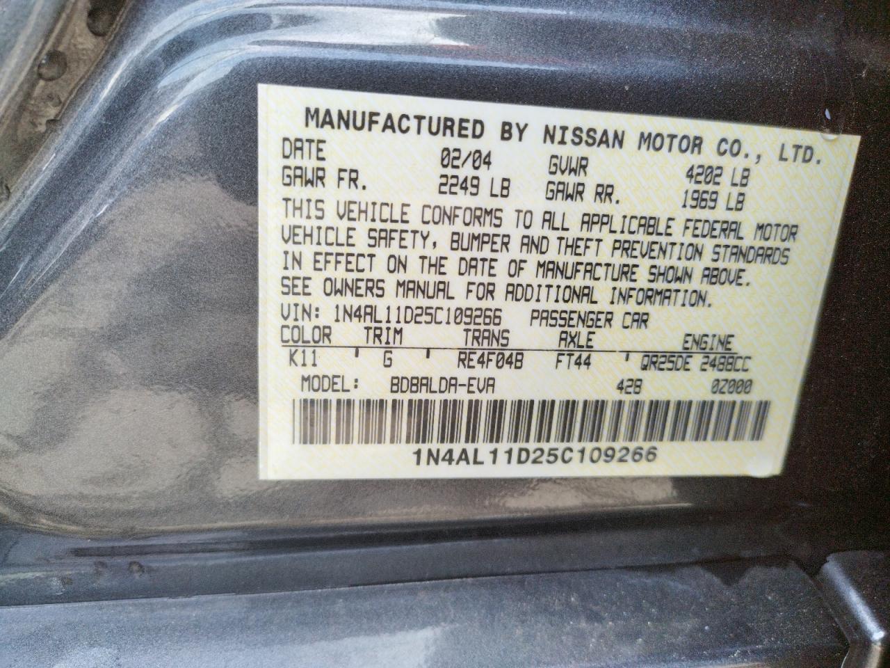 Photo 10 from auction – 2005 NISSAN ALTIMA S with VIN 1N4AL11D25C109266