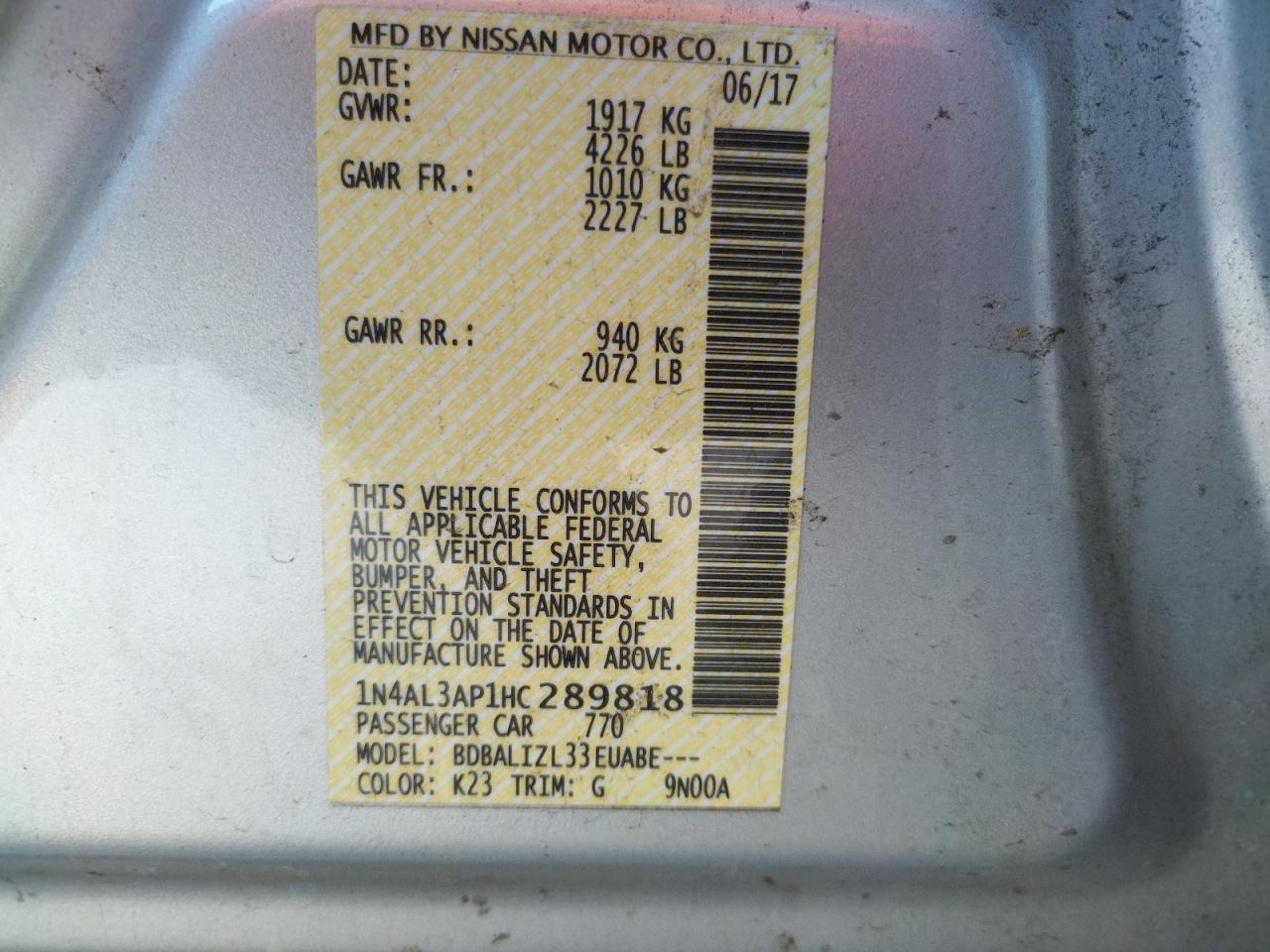 Photo 10 from auction – 2017 NISSAN ALTIMA 2.5 with VIN 1N4AL3AP1HC289818
