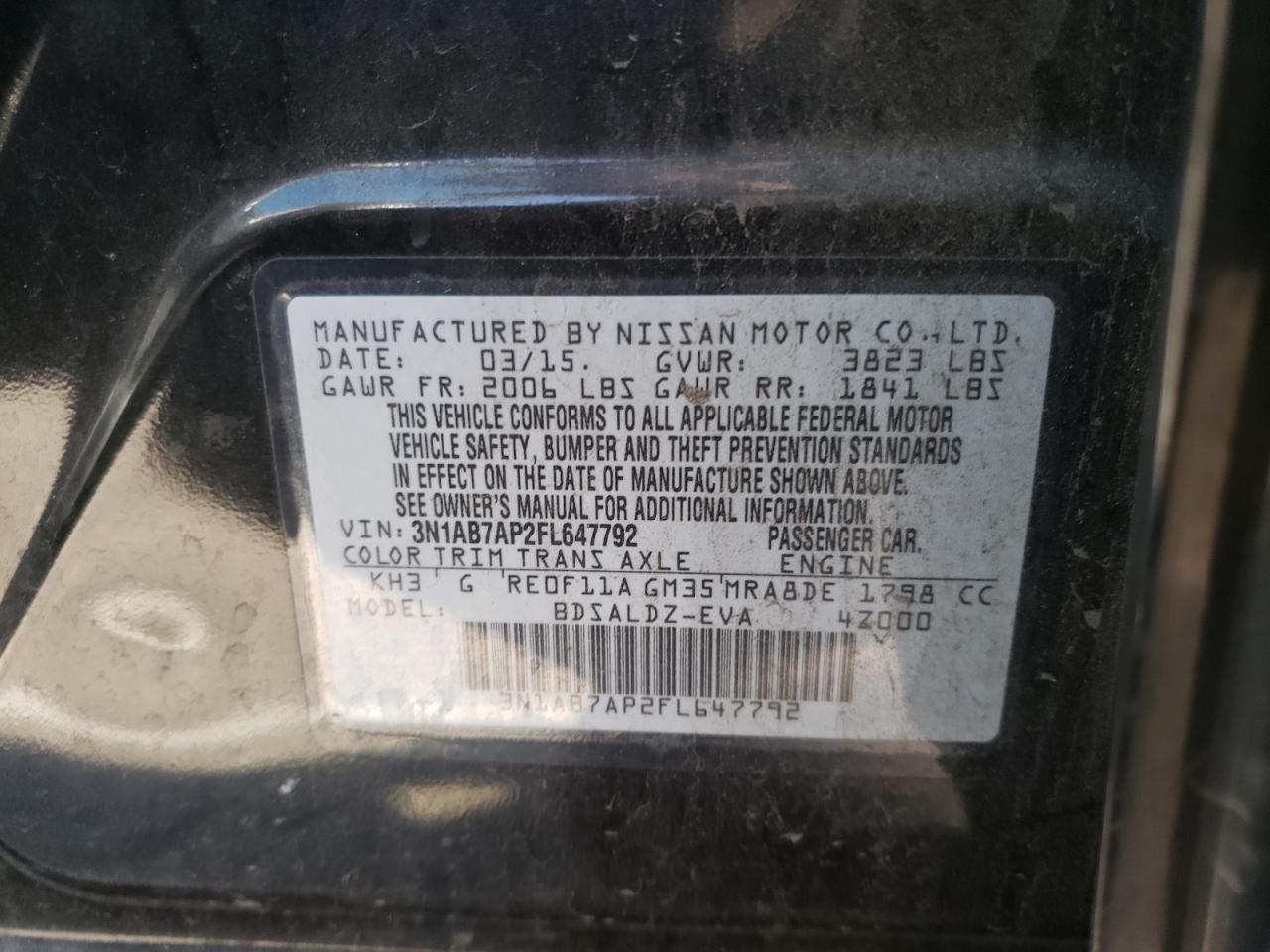 Photo 10 from auction – 2015 NISSAN SENTRA S with VIN 3N1AB7AP2FL647792