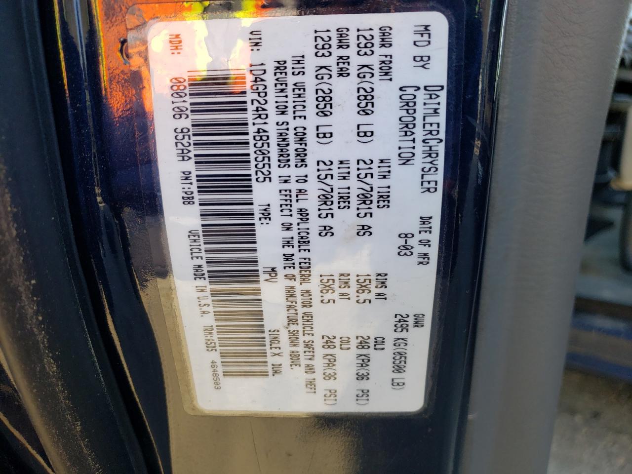 Photo 10 from auction – 2003 DODGE GRAND CARA with VIN 1D4GP24R14B505525