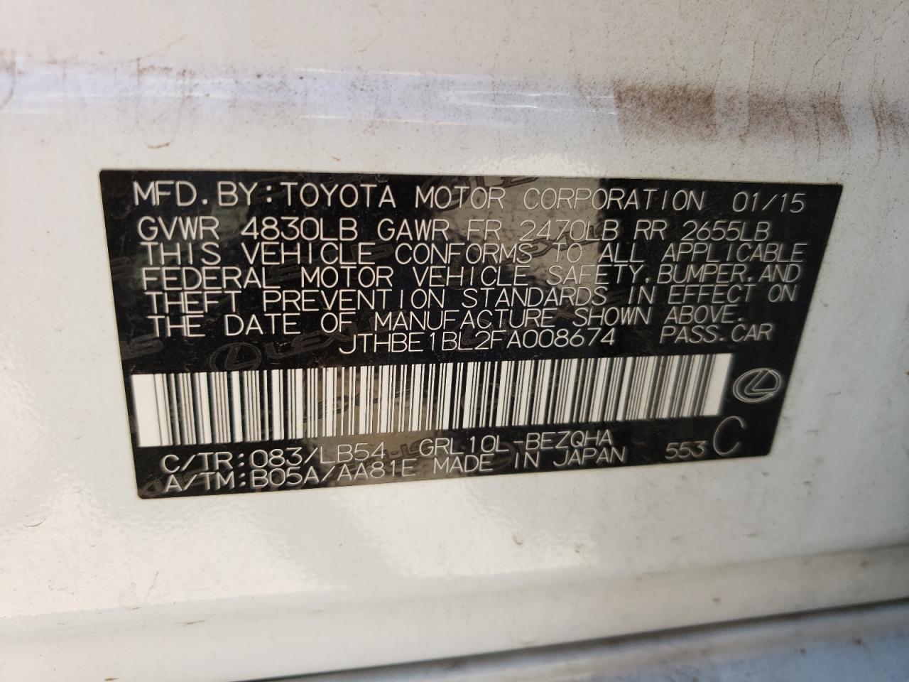 Photo 10 from auction – 2015 LEXUS GS 350 with VIN JTHBE1BL2FA008674
